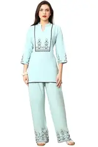 GANIX - FASHION THAT DEFINE YOU Women’s Embroidered Rayon Co-Ord Set | Ethnic Kurta & Palazzo Pant Set | 3/4 Sleeve Mandarin Collar Kurti Set | Daily Casual, Festive & Office Wear | Comfortable Breathable Fabric with Pocket