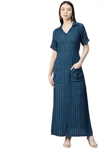 Cottinfab Women Blue Viscose Rayon Longline Striped Shirt Dress