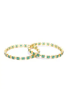 Priyaasi Set Of 2 Gold-Plated Geometric Shape Emerald Studded Bangles
