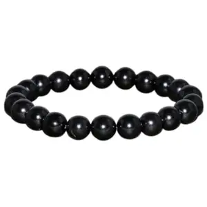 RRJEWELZ Natural Black Jet 8mm Round Shape Smooth Cut Beads 6.5 Inch Stretchable Bracelet For Men & Women. Unisex Bracelet For Healing, Meditation, Prosperity, Gift & Luck|STBR_RR_10171_6.5
