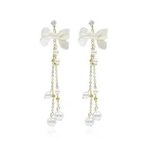 Bow Knot Pearl Drop Earrings, White Pearls, Gold Tone earrings for Women and Girls, Korean Style Earring, Western Faishonable Earring