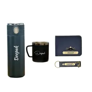 YOUR GIFT STUDIO Personalized Men's Leather Wallet and Keychain with Bottle and Mug | Customized Men's Combo with Name & Charm (Blue)