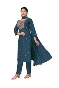 Women Rayon Slub Embroidered Kurta Bottom Set, Purple
