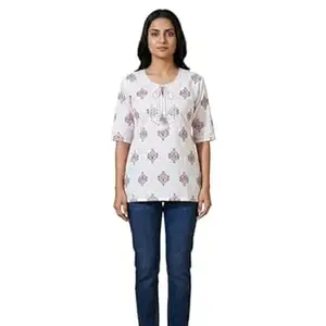 Teenager Girl(5'3 Height) Cotton Printed Straight Short Kurti with Tie-up Neck, Half Sleeves, M to XL(White & Blush Pink Royal Buta Kurti)