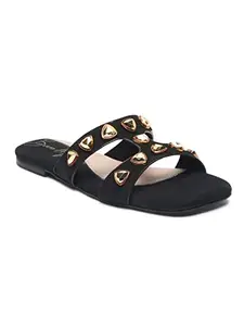 Bruno Manetti women's Black Slipon Back Open Square Toe Upper Gold Stone Comfort Flats