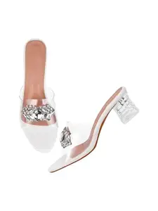 TRYME Glittery & Shimmery Stone Studded Block Heels Comfortable Transparent Party Kitten Heel for Womens & Girls