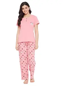 Clovia Women's Cotton Printed Top & Pyjama Set (LS0522P22_Pink_S)