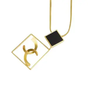 klikMart India Elegant Square Black Stone Pendant Necklace Gold-Toned Chain