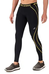 ReDesign Apparels Men's Polyester Compression Pant/Tights/Megging for Gym, Running, Cycling, Yoga & All Sports (L, Yellow Thread)