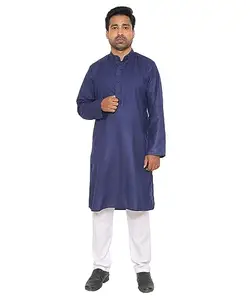 Cotton Blend Kurta Pajama Set for Men (s, Navy Blue)
