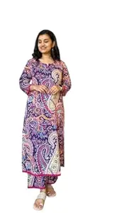 Achintya Crafts Women's Cotton Printed Straight Kurti with Pant Two Piece Co-ord Set