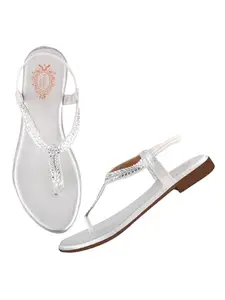 Shoetopia Embellished Women's Silver Flat Sandal /EU37