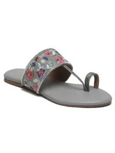 Bruno Manetti women's Grey Slip-on Back Open with Upper Embroidery Design Round Ring Toe Full Comfortable Light Weight Flats Sandals