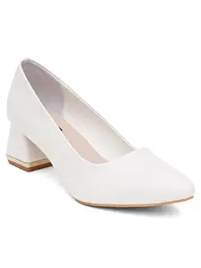 SHERRIF Women's White Block Heel Pumps (SF-4303-WHITE-34)