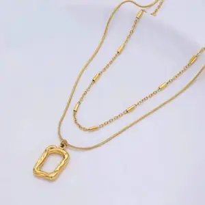 Double Layered Gold-Plated Necklace with Geometric Rectangle Pendant, Statement Fashion Jewellery