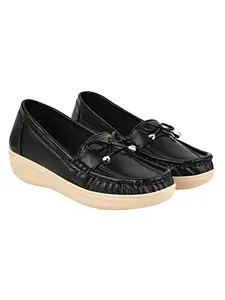 Shoetopia Upper Bow Detailed Black Slip-On Loafers for Women & Girls /UK7