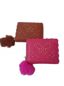 New Creation Mini Square Wallet with Pom Pom | Designer Hand Purse for Girls & Women (Brown-Pink)