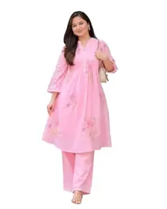 SOREN CRAFT Women's Cotton Embroidery A-Line Kurti with Pant Set