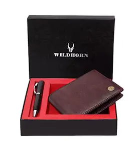 WildHorn ® Men's RFID Protected Genuine Leather Wallet and Pen Combo (MAROON100)