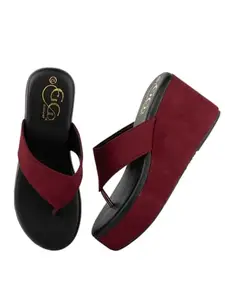 GLO GLAMP Women's Maroon Wedge Slippers | Soft Platform Flip Flops for Casual, Daily & Party Wear | Comfortable Slip-On Sandals with Cushioned Footbed GG-New-5127_36