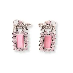 Navraee Brass Silver Oxidised Tiger Earring Studs With Stone-Pink