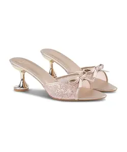 JM LOOKS Women's Kitten Mules Heels Glitter Sparkle Heel with Bow Open Pointed Toe Stiletto Low Heels Party Dress Slip On Backless Sandals - Golden