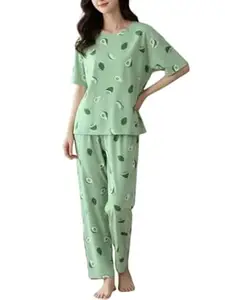 SMOWKLY Women’s Korean Style Night Suit Set | Cotton Half Sleeve Top & Pyjama Set | Round Neck Printed Nightsuit | Comfortable Nightwear & Loungewear for Women