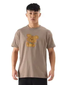 The Souled Store Beary Cute Men and Boys Regular Fit Half Sleeve Graphic Printed Cotton Brown Color T-Shirt