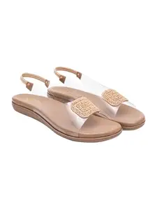 Shoetopia Embellished Beige Flat Sandals For Women & Girls