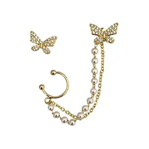 Alysa Adorable Butterfly Ear Cuff Crawler Ad Gold Plated Pearl Chain Drop Stud Earrings For Girls Women Stylish Latest Fancy Earring