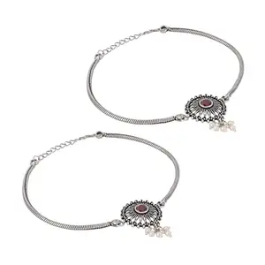 TEEJH Vaibhavari Red Silver Oxidised Anklet