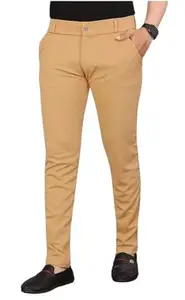 VIJETA Garments for Men Lycra Blend Formal Trousers – Smart Fit Office Wear Pants with Elastic Waistband & Zip Fly Chiku 34 Beige