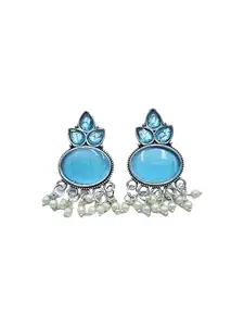 Oxidised Silver Plating Brass Pearl Embellishments Jhumkis Earrings for Women (Sky-Blue)