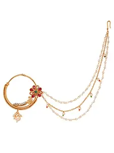 SARAF RS JEWELLERY Gold Toned Red & White Pearl Beaded &Studded Bridal Nose Ring
