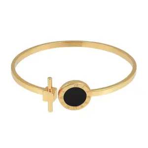 Gold-Plated Bangle Bracelet with Roman Numeral Design, Black Enamel Accent, Cross Detail, Classic Style