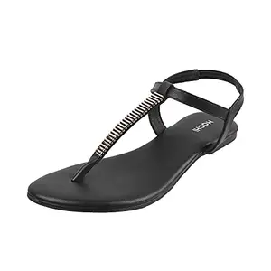 Mochi Women's Black Faux Leather Flat Fashion Sandals UK/8 EU/41 (33-1417)