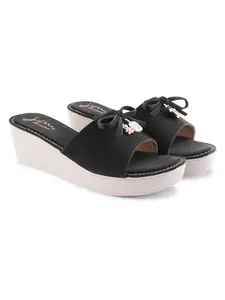 JM LOOKS Women's Wedges Sandals Shoes Platform Slides Slip-on Mid Low Heel Bow Tie Round Toe Dress Sandals Casual Summer Sandal - Black
