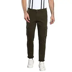 Dennis Lingo Solid Cotton Men's Casual Cargo Pant, Tapered Fit, Mid Rise, Ankle Length Multi-Pocket Stretchable Cargos for Men, Trousers