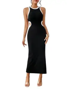 Aahwan Black Solid Cut Out Split Thigh Backless Dress for Women's & Girl's(346-Black-XS)