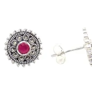 Rajasthan Gems Stud Earrings Tops 925 Sterling Silver Women Marcasite & Onyx Gem Stone Handmade Gift G587