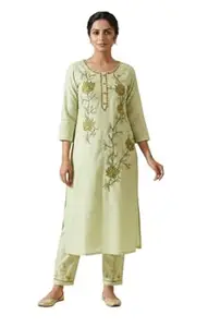 Women Mint Green Floral Embroidered Kurti Set with Pant | Straight Fit Ethnic Wear for Festive & Casual