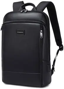 Professional Laptop Backpack, Vegan Leather, 15.6-inch Compatible, USB Type-C Charging, 4 Compartments, Black