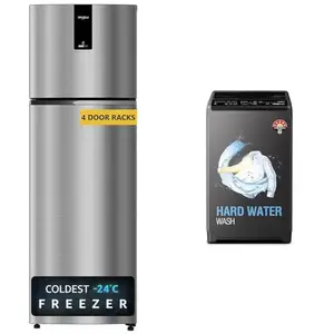 Whirlpool 235 L 2 Star Frost Free Double Door Refrigerator (NEO DF278 PRM RADIANT STEEL(2S)-TL, 202, 7 Kg 5 Star Royal Fully-Automatic Top Loading Washing Machine (WHITEMAGIC ROYAL 7.0 GENX,