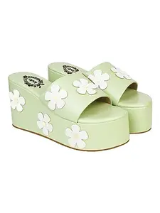 Stylestry Flower Printed Detailed Green Platform Heels for Women & Girls /UK3