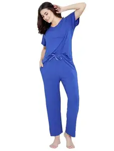 Pinkberry Women's cotton blend Co-ord Set Two Piece Suit Top and Pant|short Sleeves tracksuit for Ladies| Casual Wear Fasionable ROYAL BLUE 3XL