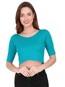 THE BLAZZE 1303 Sexy Women's Cotton Scoop Neck Elbow Sleeve Tank Crop Tops Bustier Bra Vest Crop Top Bralette Readymade Saree Blouse for Women (Medium, Turquoise Blue)