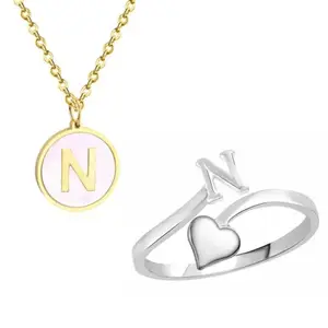 Generic Kerry Jewel Alphabet "N" Enamel Charm Pendant with Ajustable Ring Set for Women an Girls