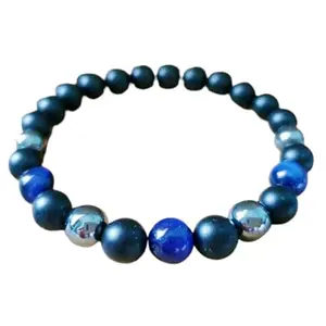 RRJEWELZ Unisex Bracelet 8mm Natural Gemstone Matte Black Onyx, Blue Tigers Eye & Hematite Round shape Smooth cut beads 7 inch stretchable bracelet for men & women. | STBR_05451