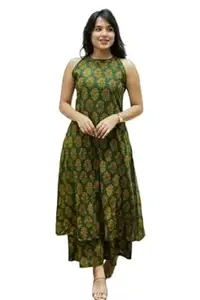 Nermosa Women Pure Cotton Kurta Palazzo Set | Sleeveless Printed Kurta with Palazzo Pants | Summer Friendly, Office Wear Co-Ord Set