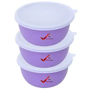HOMEISH Microwave Safe Stainless Steel Bowl Set with Lids for Serving, Re-Heating, Storage (Purple x 3 Pcs, 14cms x Approx.500ml Each) - Pack of 3